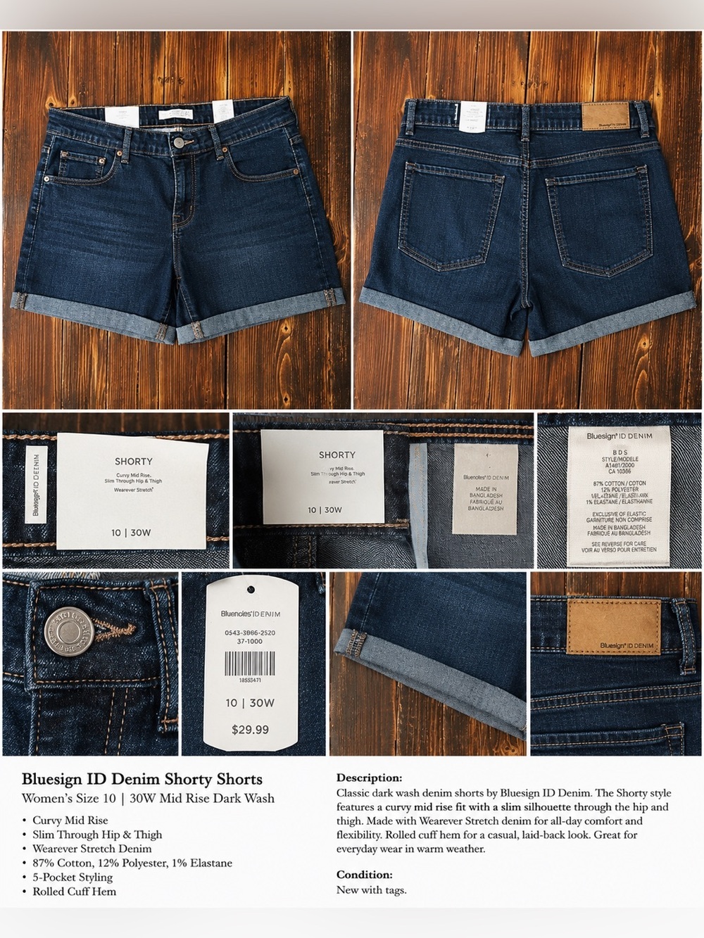 Bluesign ID Denim Shorty Shorts Women’s Size 10 / 30W Dark Wash Mid Rise Stretch